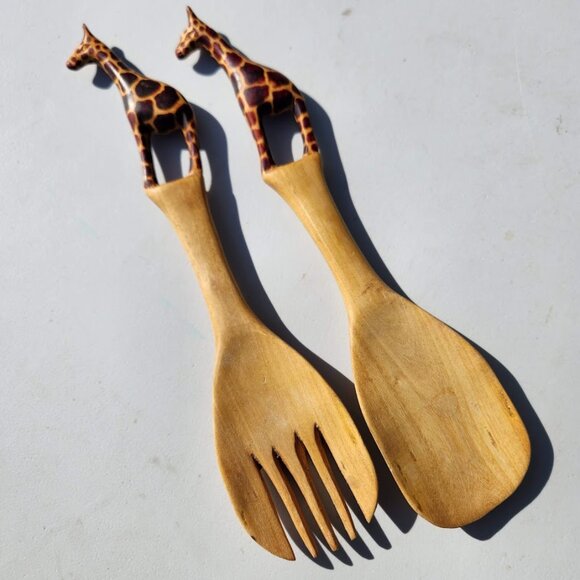 New Hand Carved Wood Giraffe Fork Spoon Serving Set Safari African Folk Art Home - Picture 1 of 13